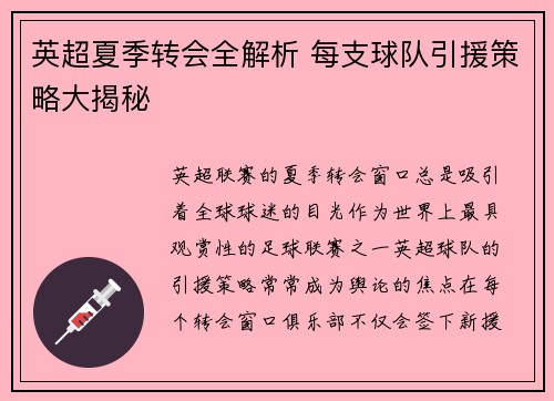英超夏季转会全解析 每支球队引援策略大揭秘 英超夏季转会全解析 每支球队引援策略大揭秘